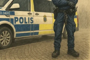 VMA utfärdat i Västerås. Bild: Polisman står framför polisbil.