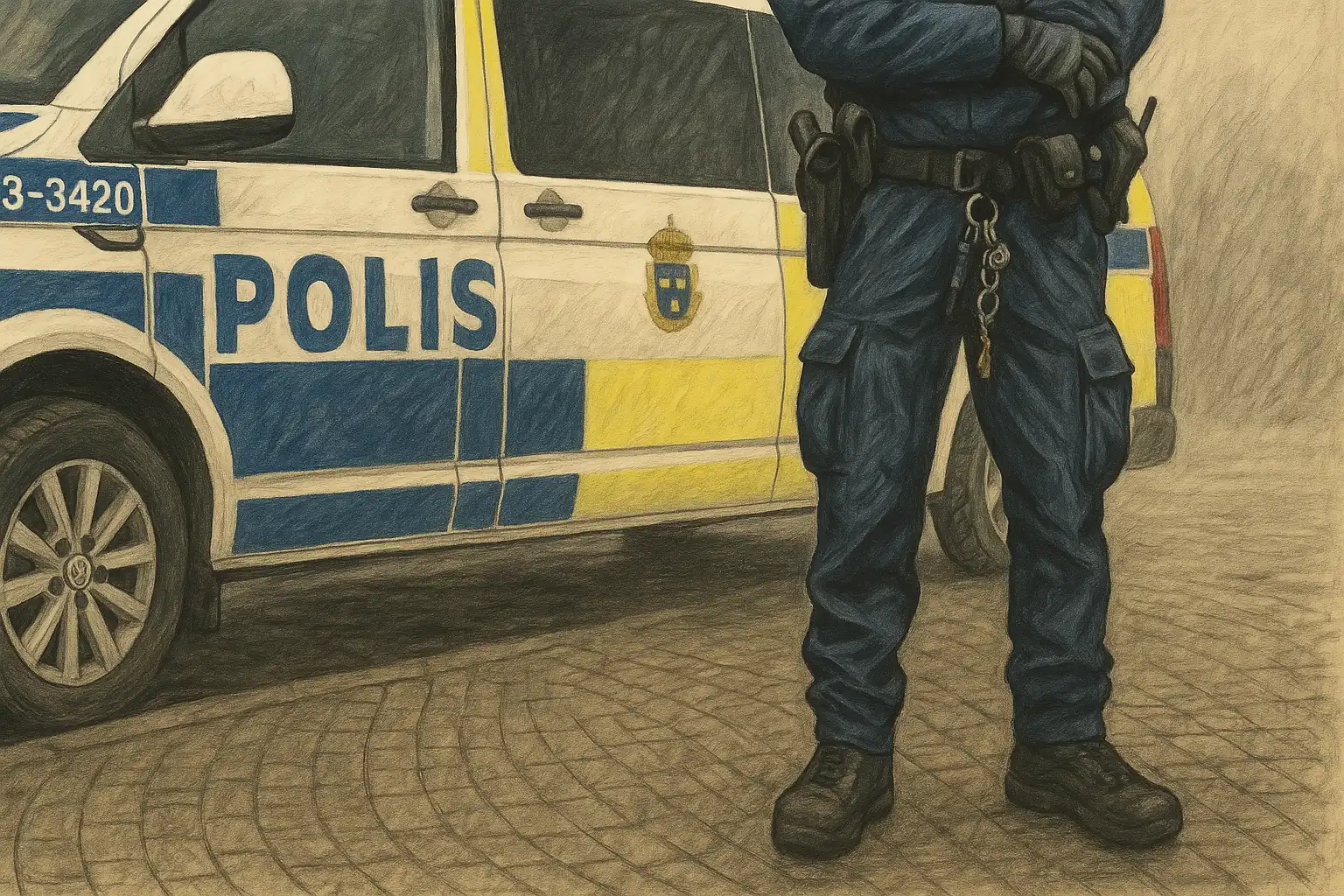 VMA utfärdat i Västerås. Bild: Polisman står framför polisbil.