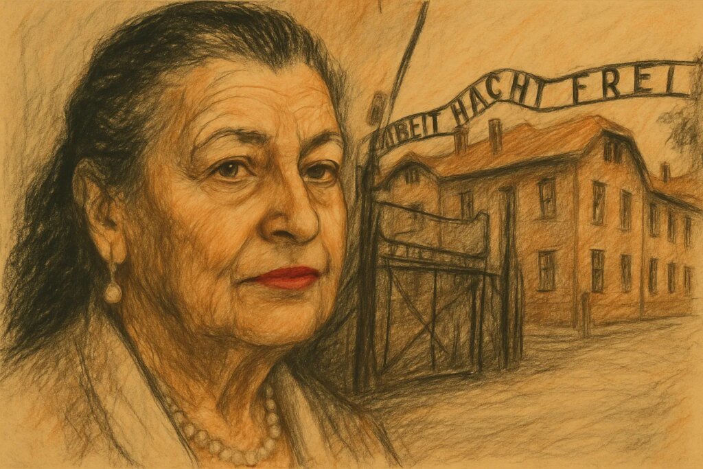 Hania Rosenberg flyr Auschwitz. På bild, sketch av Hania Rosenberg och Auschwitz.