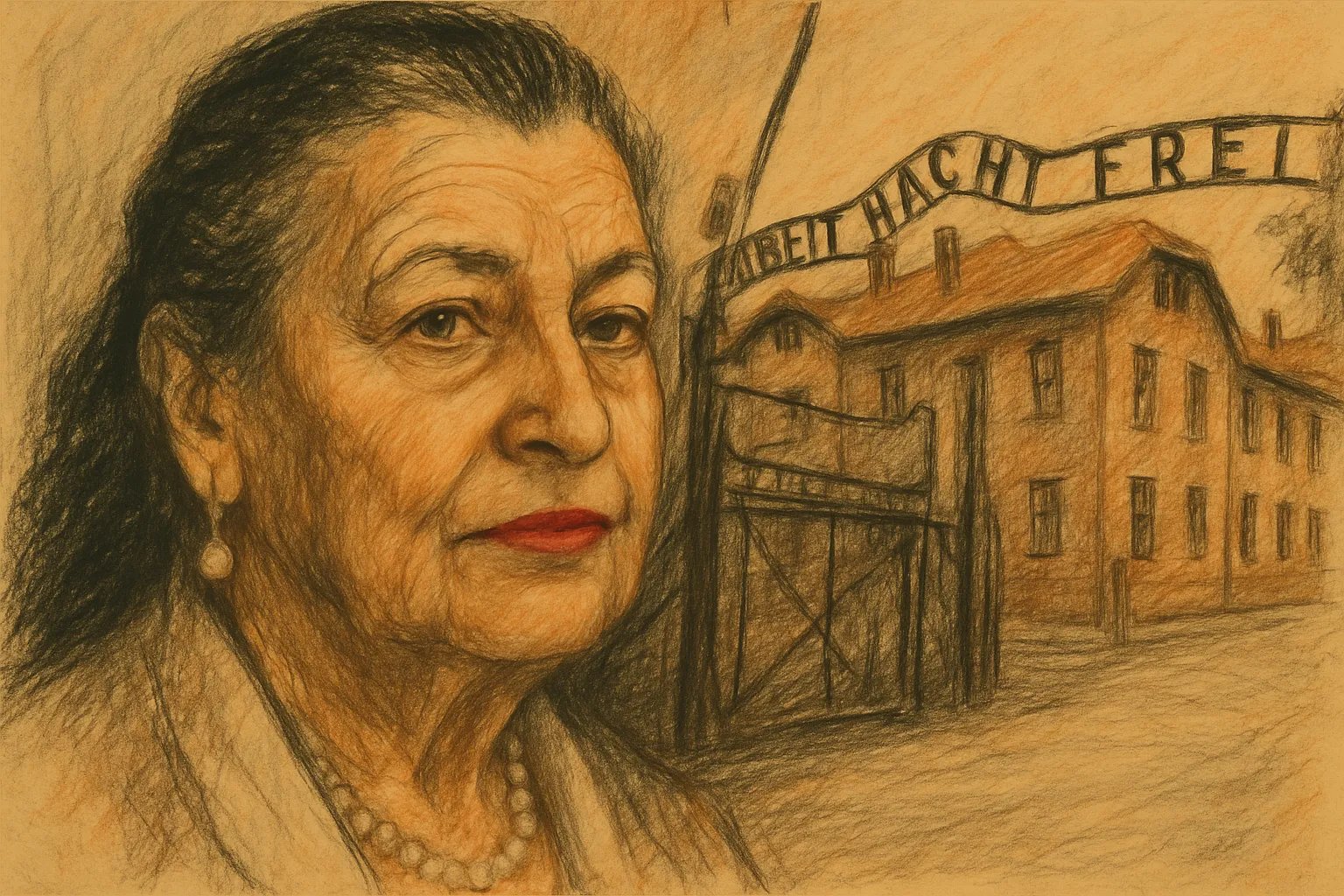 Hania Rosenberg flyr Auschwitz. På bild, sketch av Hania Rosenberg och Auschwitz.